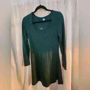 Old Navy Fit & Flare Green Rib-knit Long Sleeve Dress Small